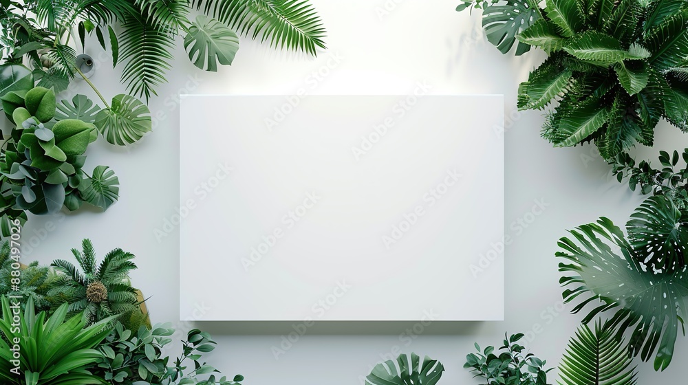 Wall mural illustration of a white empty desk topdown with top view green plants. generative ai