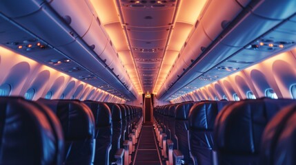 Fototapeta premium Airplane interior of commercial passenger. Airplane cabin and aisle with empty seats inside of plane