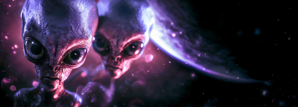deux extraterrestre vus en gros plan, couleurs violettes	
- format banni&egrave;re web panoramique