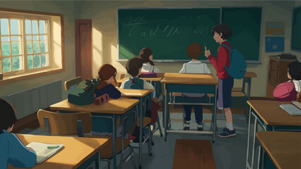 UntitledVintage-style classroom with students focused on a teacher giving a lecture in front of a chalkboard. AIG41