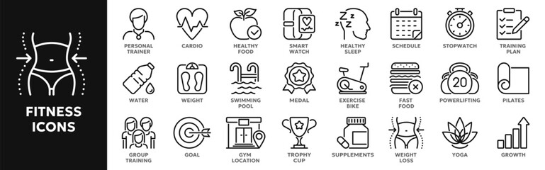 Set of vector line icons related to fitness and sport, healthy nutrition, gym exercises . Symbols for website or app ui, logo design, illustration