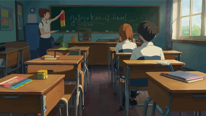 UntitledVintage-style classroom with students focused on a teacher giving a lecture in front of a chalkboard. AIG41