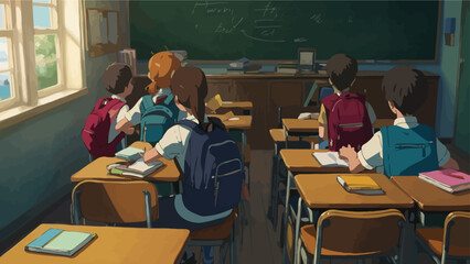 UntitledVintage-style classroom with students focused on a teacher giving a lecture in front of a chalkboard. AIG41