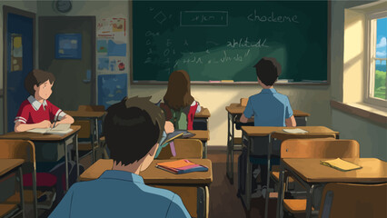 UntitledVintage-style classroom with students focused on a teacher giving a lecture in front of a chalkboard. AIG41