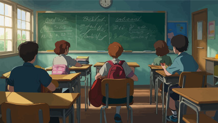 UntitledVintage-style classroom with students focused on a teacher giving a lecture in front of a chalkboard. AIG41