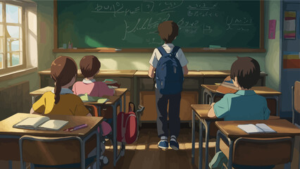 UntitledVintage-style classroom with students focused on a teacher giving a lecture in front of a chalkboard. AIG41