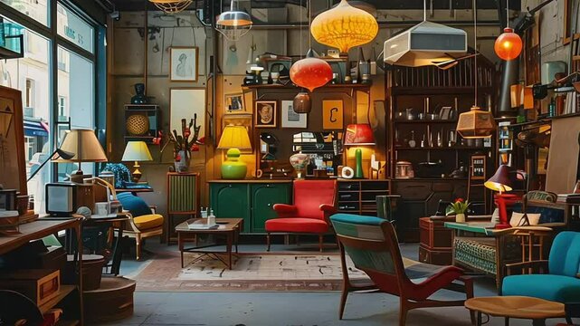 vintage old shop secondhand furniture, second hand item store flea market outlet, retailer sale, business product, lamp stylish fashioned design decoration interior