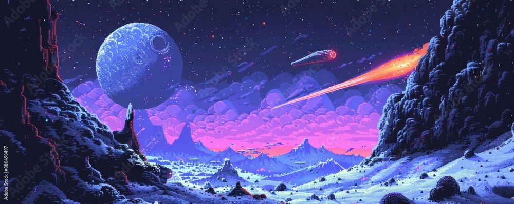 Poster a pixel art illustration of a spaceship exploring a distant planet.