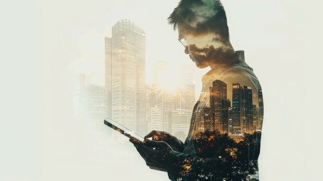 double exposure of man using digital tablet with urban construction site and cityscape background - Powered by Adobe