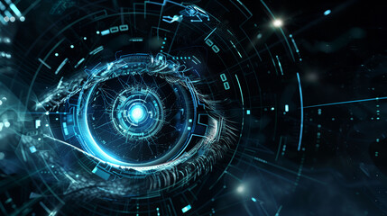Obraz premium A close up of a blue eye with a black background. The eye is surrounded by a circle of lines and dots, giving it a futuristic and digital appearance