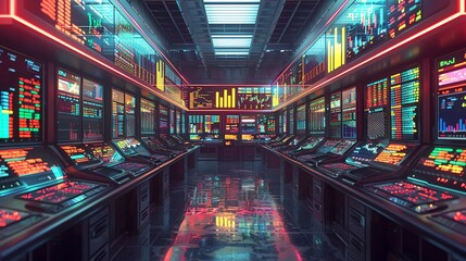 Futuristic Control Room with Neon Lights.