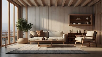 Minimalist nomadic interior background, 3d render.