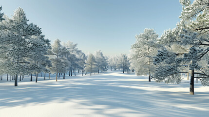 Pine trees in winter snow with branches covered in white.