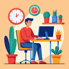 Young man working on computer, Businessman sitting on a red chair behind the office Desk with a cactus, wall clock. Cool vector flat illustration character design isolated on white background