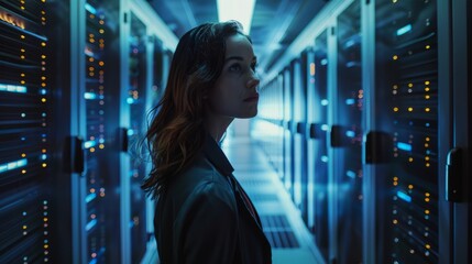 Engineer businesswoman inspecting network server room with high-tech equipment, analyzing data and ensuring optimal performance in a modern business environment