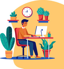 Young man working on computer, Businessman sitting on a red chair behind the office Desk with a cactus, wall clock. Cool vector flat illustration character design isolated on white background
