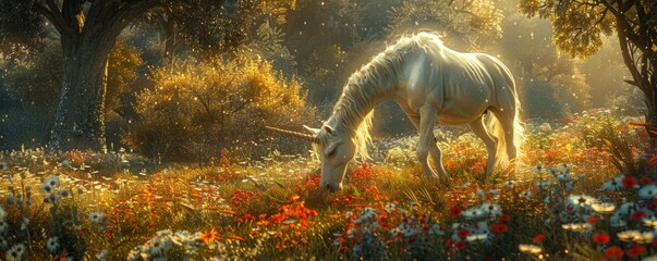 A photorealistic image of a majestic unicorn grazing in a field of wildflowers, its horn glowing with an ethereal light.