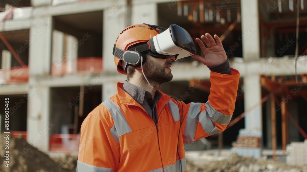 Poster engineer using vr headset at active construction site experiencing virtual reality for innovative bu