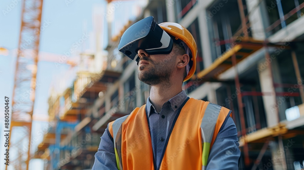 Poster engineer using vr headset at active construction site experiencing virtual reality for innovative bu