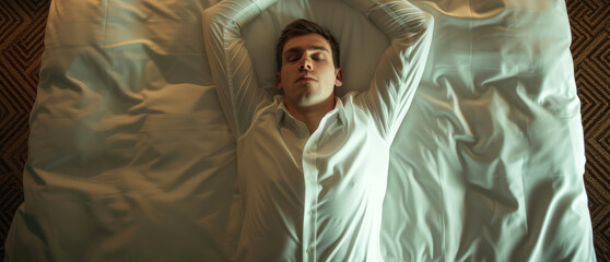  tired young businessman lying on hotel bed,