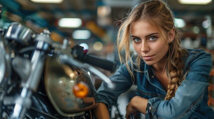 A young woman with a braid, wearing a denim jacket, intensely examines a motorcycle in a bustling garage, conveying passion and dedication to her work.