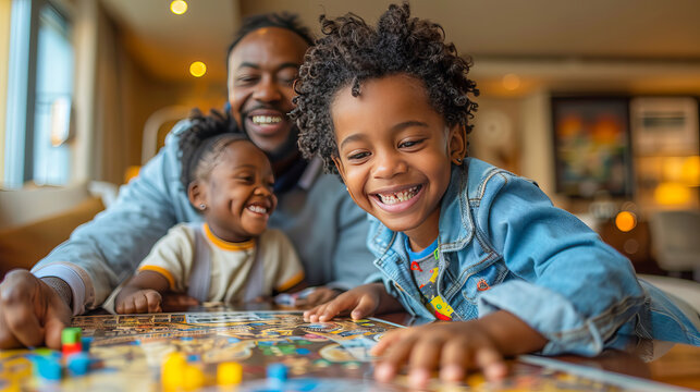 Happy family playing board games on vacation in hotel room