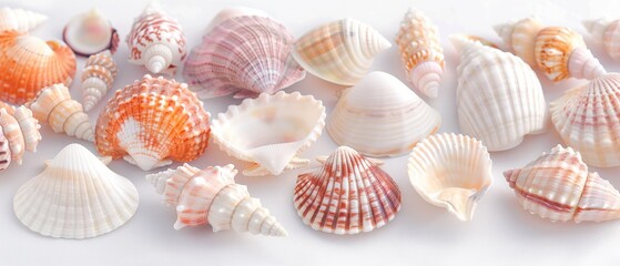 Obraz premium A beautiful collection of assorted sea shells in various shapes and colors on a white background.