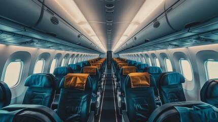 Fototapeta premium Airplane interior of commercial passenger. Airplane cabin and aisle with empty seats inside of plane