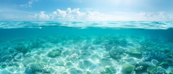 A breathtaking view of the turquoise ocean with clear water revealing the vibrant coral reef below, under a sunny sky.