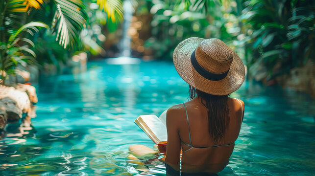 Woman wearing straw hat reading book relaxing in tropical hotel pool