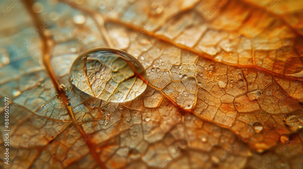 Poster a close-up of a water droplet magnifying the texture of a leaf.