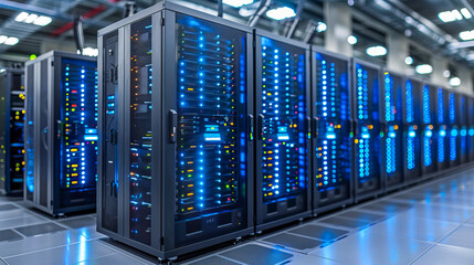 Supercomputer server room filled with blinking led lights