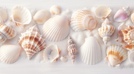 A collection of various seashells neatly arranged on a white surface, showcasing their unique textures and patterns in soft pastel colors.