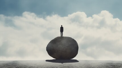 Silhouette of a man standing on top of a circular stone in front of a cloudy sky. Art of sadness, failure, depression, aloneness, tiredness of life. Generative AI