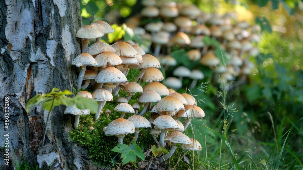 Poster A close-up of mushrooms growing in a cluster on the base of a tree trunk.