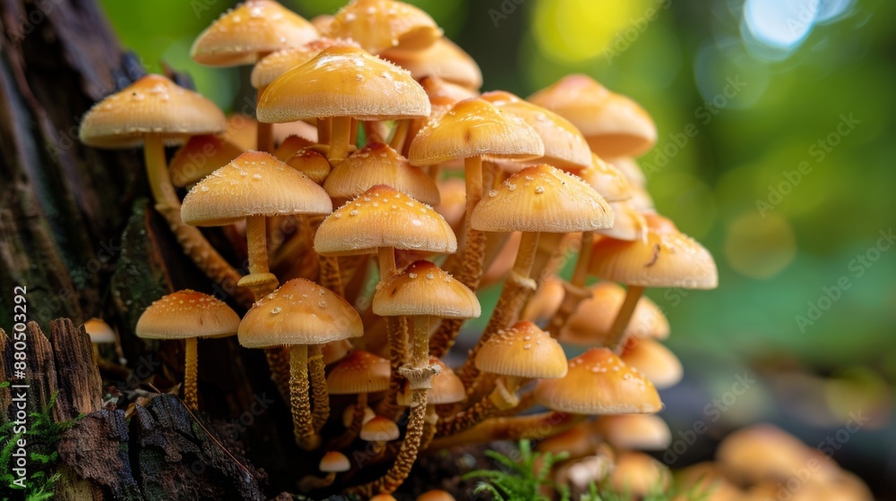 Leinwandbilder a close-up of mushrooms growing in a cluster on the base of a tree trunk.