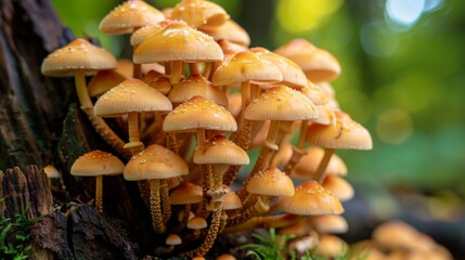 A close-up of mushrooms growing in a cluster on the base of a tree trunk.