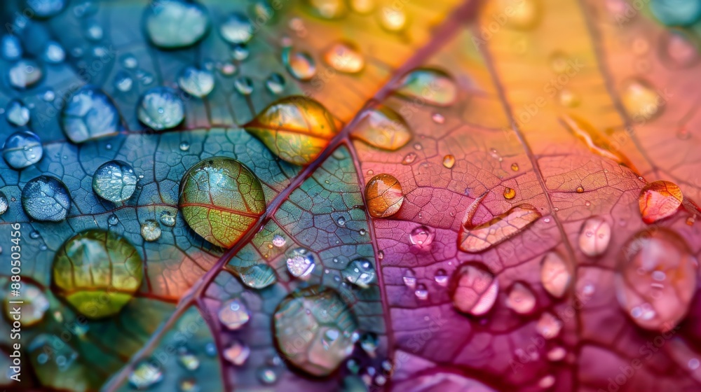 Poster a close-up of raindrops on a multi-colored autumn leaf.