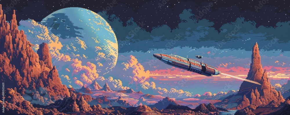 Poster a pixel art illustration of a spaceship exploring a distant planet.