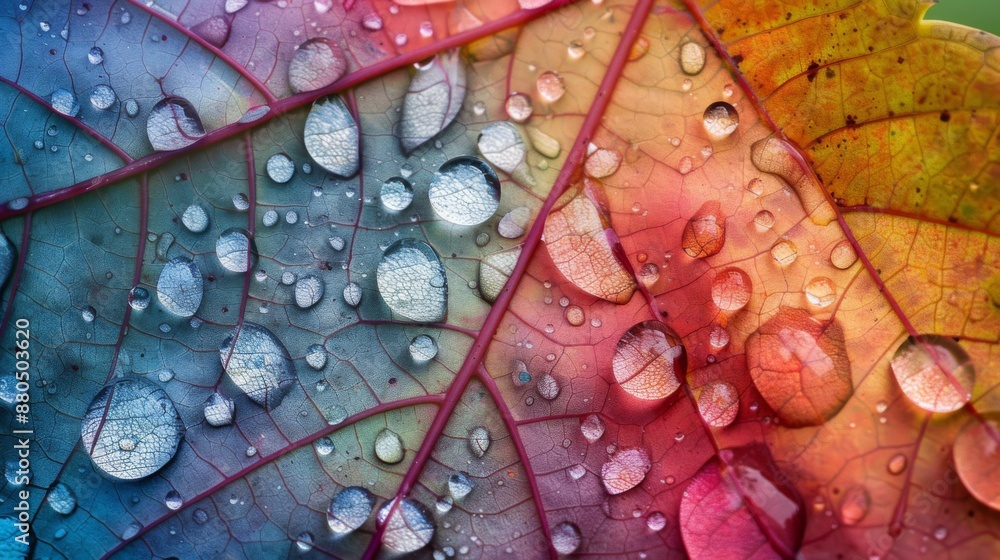 Poster a close-up of raindrops on a multi-colored autumn leaf.