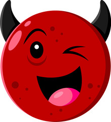 Halloween holiday devil emoji cartoon character. Isolated vector red, mischievous, grinning imp face with devilish horns, wink eye and happy smile, used to convey playful or wicked intent in messages