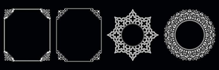 Set of decorative frames Elegant vector element for design in Eastern style, place for text. Floral black and white borders. Lace illustration for invitations and greeting cards.