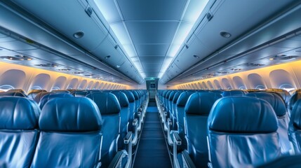 Fototapeta premium Airplane interior of commercial passenger. Airplane cabin and aisle with empty seats inside of plane