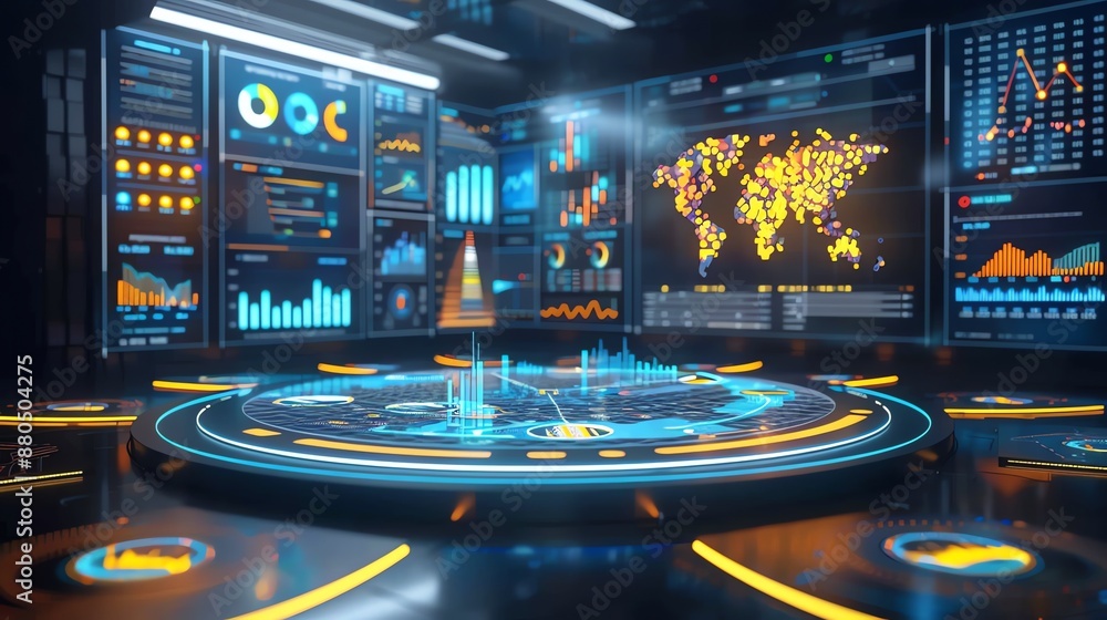 Poster Futuristic Interface with World Map and Data Visualizations.