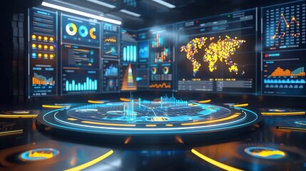 Futuristic Interface with World Map and Data Visualizations.
