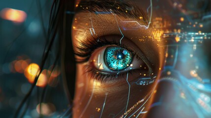 Future woman with cyber technology eye panel concept - sci-fi futuristic portrait of a young woman with digital eye implant, cybernetic augmentation, and technological integration, conceptual art for 