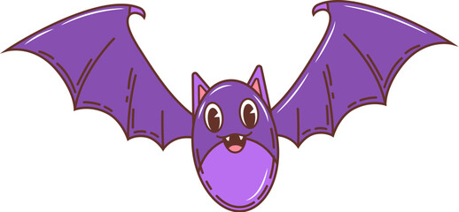 Cartoon retro groovy Halloween bat for horror night holiday, vector funky comic character. Groovy funny bat with happy smiling face and spooky fangs for Halloween holiday trick or treat party