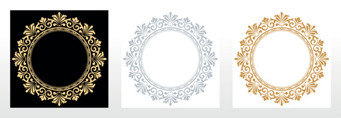 Set of decorative frames Elegant vector element for design in Eastern style, place for text. Floral black, golden and gray borders. Lace illustration for invitations and greeting cards