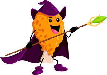 Cartoon Halloween chicken drumstick fast food mage, wizard and witch character. Isolated vector personage in a hat casting flavorful spells, conjuring a tasty magic and crispy enchantments with staff