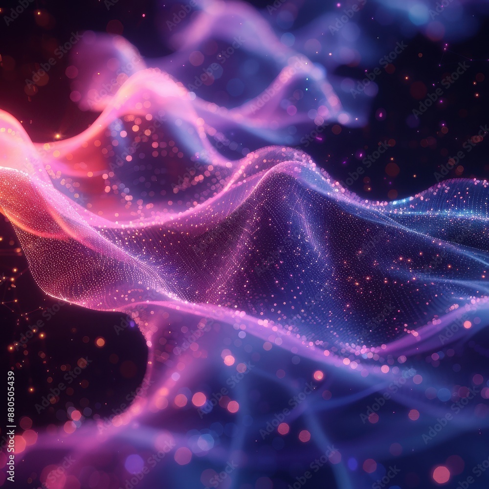 Poster vibrant abstract digital art with fluid wave patterns and glowing particles, blending purple and pin